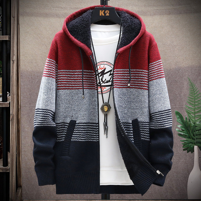 Herren kuschelige Strickjacke mit Kapuze und trendigem Streifenmuster Echoarchiv