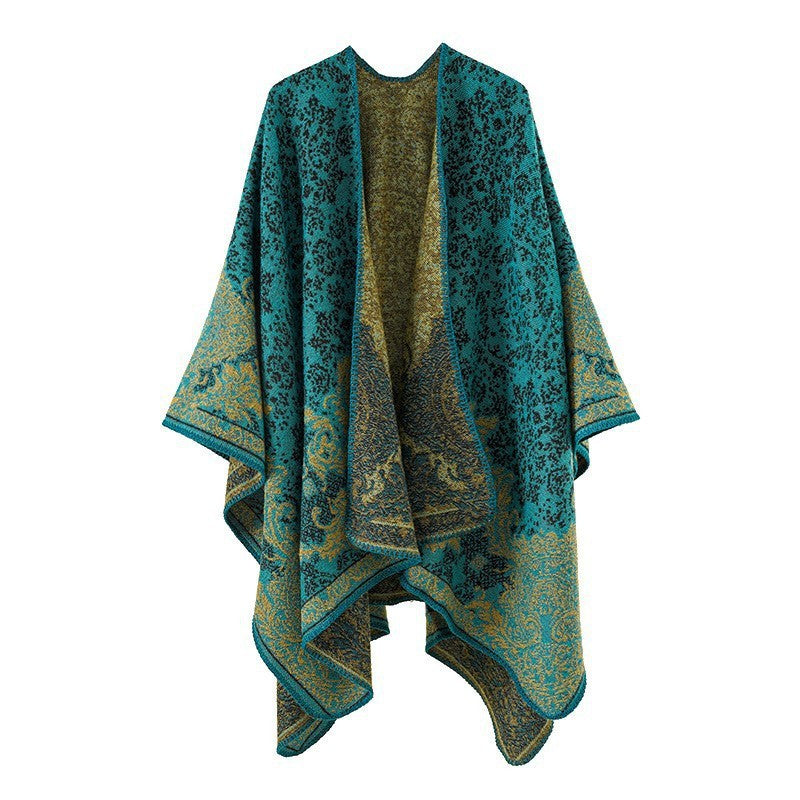Damen Jacquard‑Ruana mit floraler Bordüre und offenem Oversize‑Schnitt – Avérine