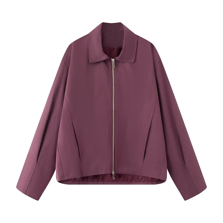 Damen leichte lässige Boxy-Blousonjacke mit verdecktem Zwei-Wege-Reißverschluss, hohem Kragen und seitlichen Eingrifftaschen – Célinea