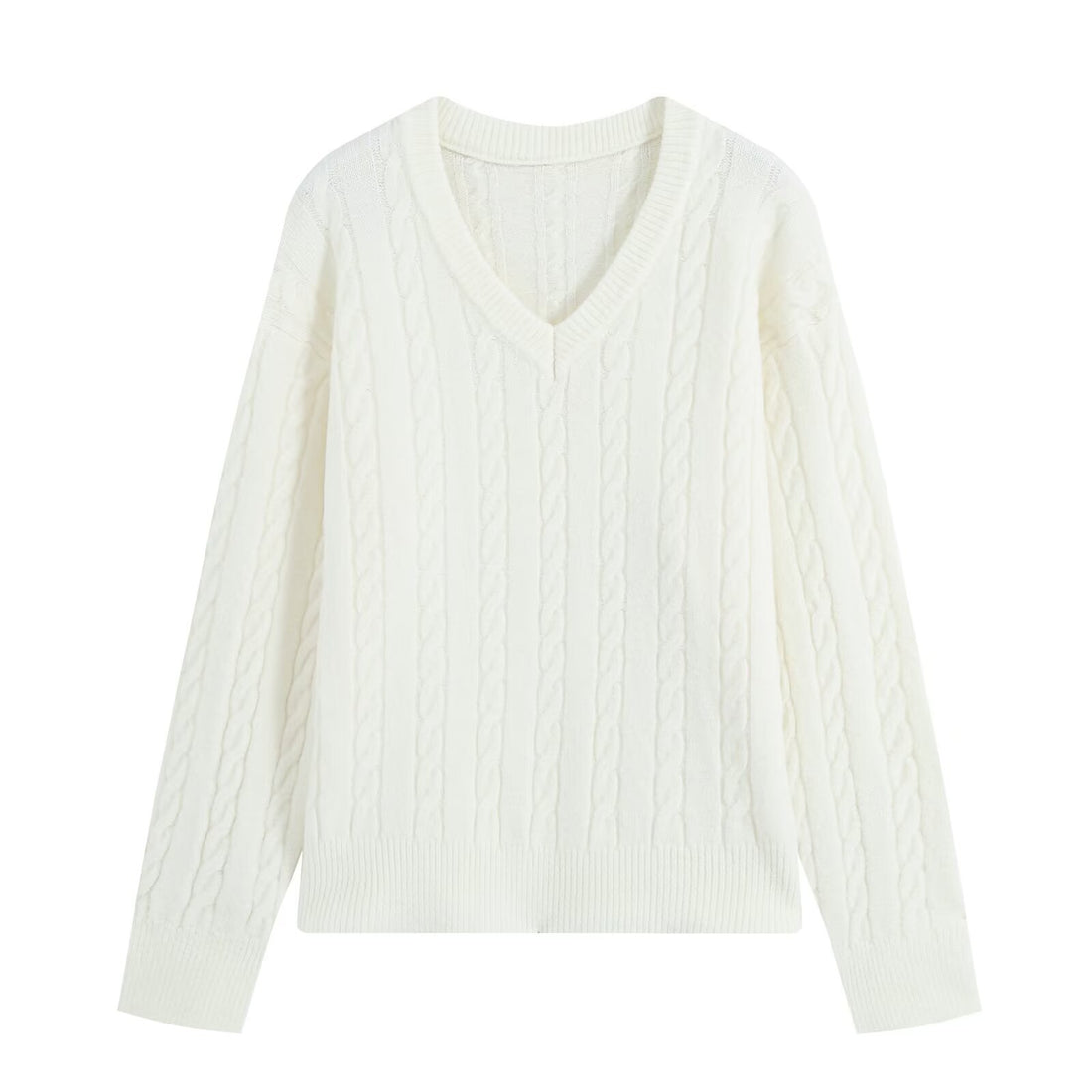 Damen Oversize Zopfmuster-Pullover mit V-Ausschnitt und breitem Rippbündchen Echoarchiv