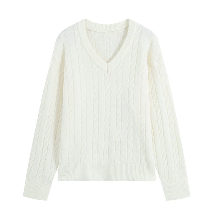 Damen Oversize Zopfmuster-Pullover mit V-Ausschnitt und breitem Rippbündchen Echoarchiv