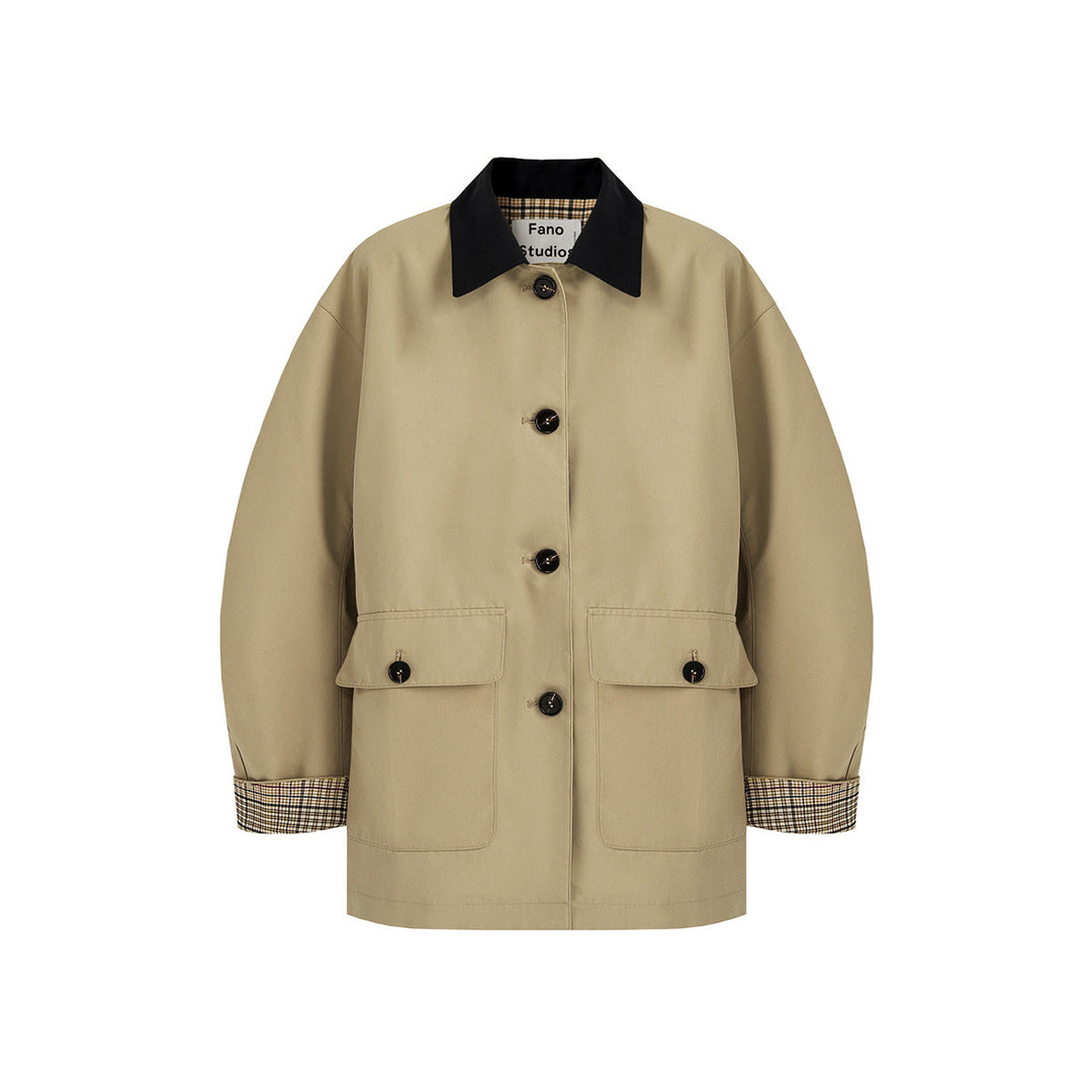 Damen Kurztrenchjacke mit Karofutter und Kontrastkragen Echoarchiv