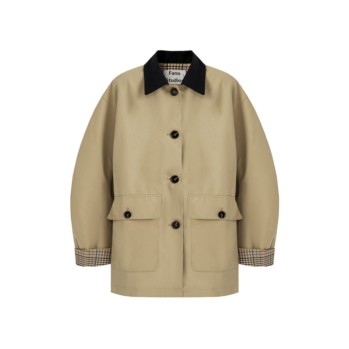 Damen Kurztrenchjacke mit Karofutter und Kontrastkragen Echoarchiv