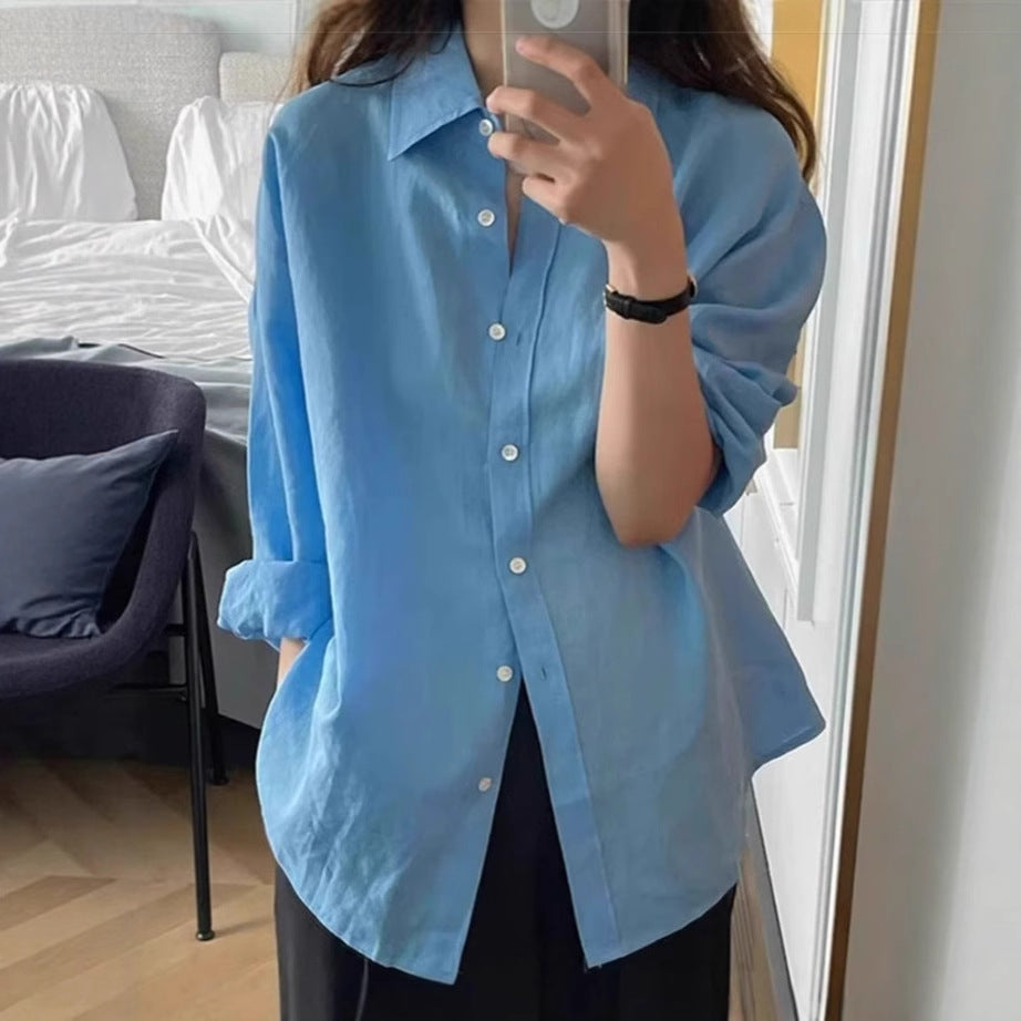 Damen Locker geschnittene Leinen‑Hemdbluse mit kastiger Silhouette und abgerundetem Saum – Élovi