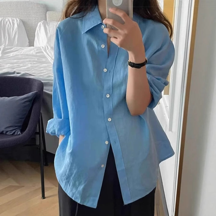 Damen Locker geschnittene Leinen‑Hemdbluse mit kastiger Silhouette und abgerundetem Saum – Élovi