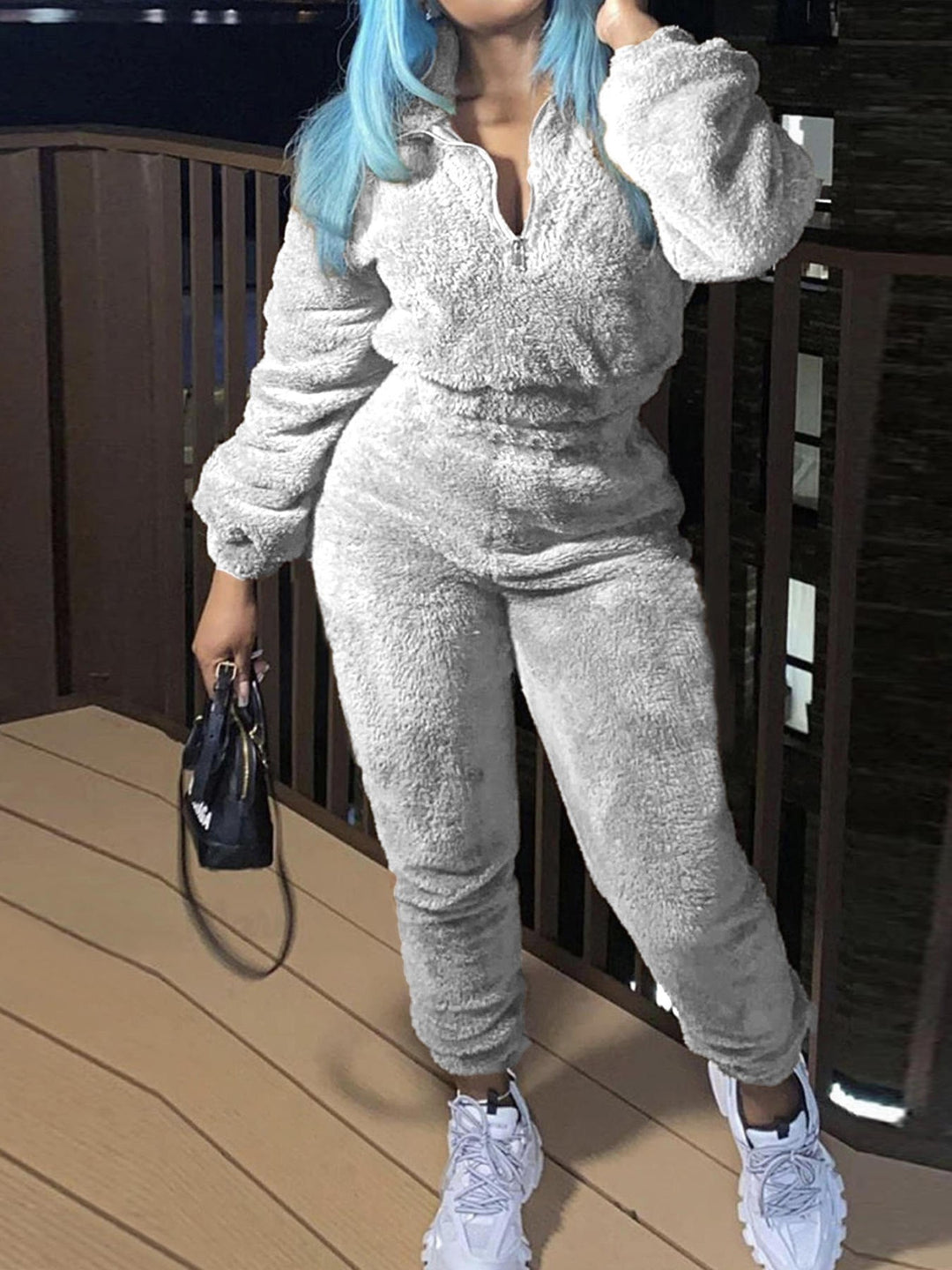 Damen nan kuscheliges Teddy-Fleece Zweiteiler mit Halbreißverschluss und High-Waist Jogginghose Echo Archiv