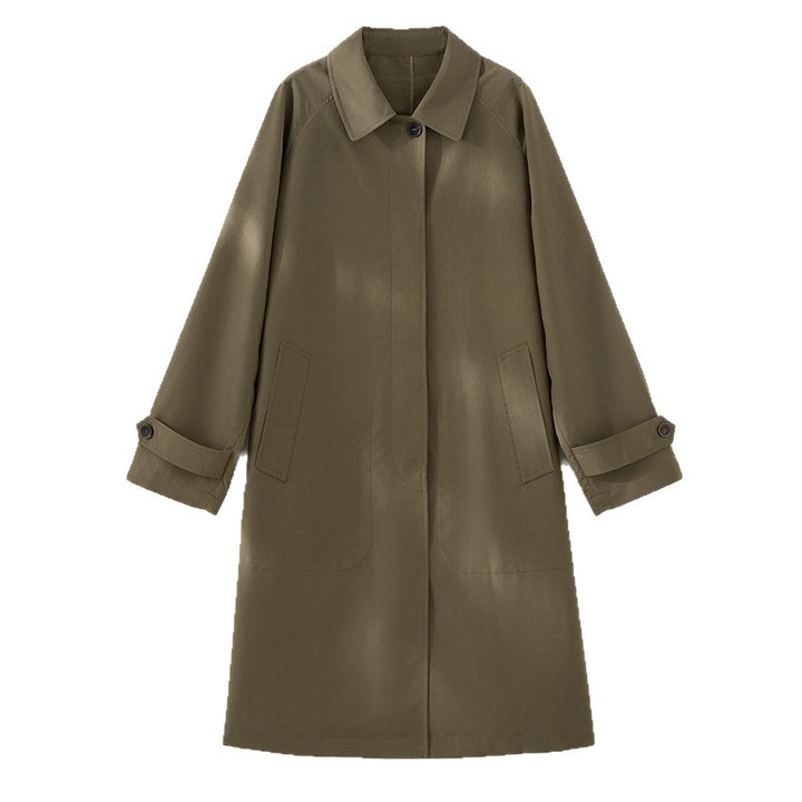 Damen Langer minimalistischer Trenchcoat mit verdeckter Knopfleiste und verstellbaren Manschetten Echoarchiv