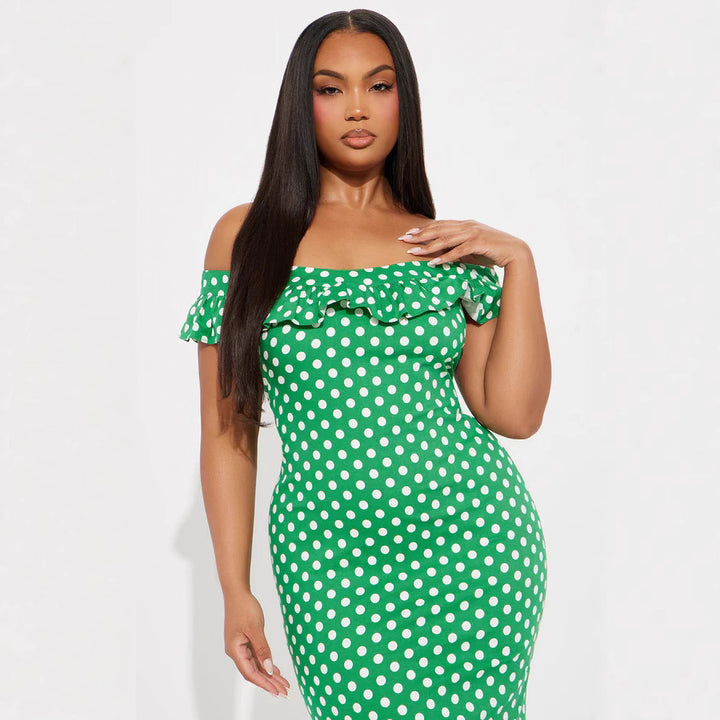 Damen Elegantes Maxikleid mit Rüschendetails und Polka-Dots Echo Archiv