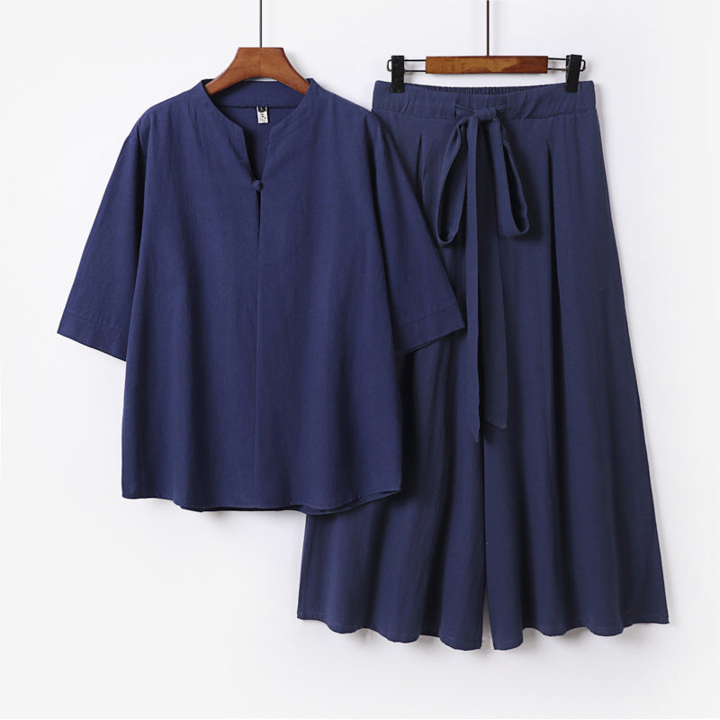 Damen Lässiges Leinen-Viskose Lounge-Set mit Stehkragen-Oberteil und weiten Palazzo-Hose Echoarchiv
