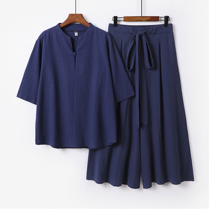Damen Lässiges Leinen-Viskose Lounge-Set mit Stehkragen-Oberteil und weiten Palazzo-Hose Echoarchiv