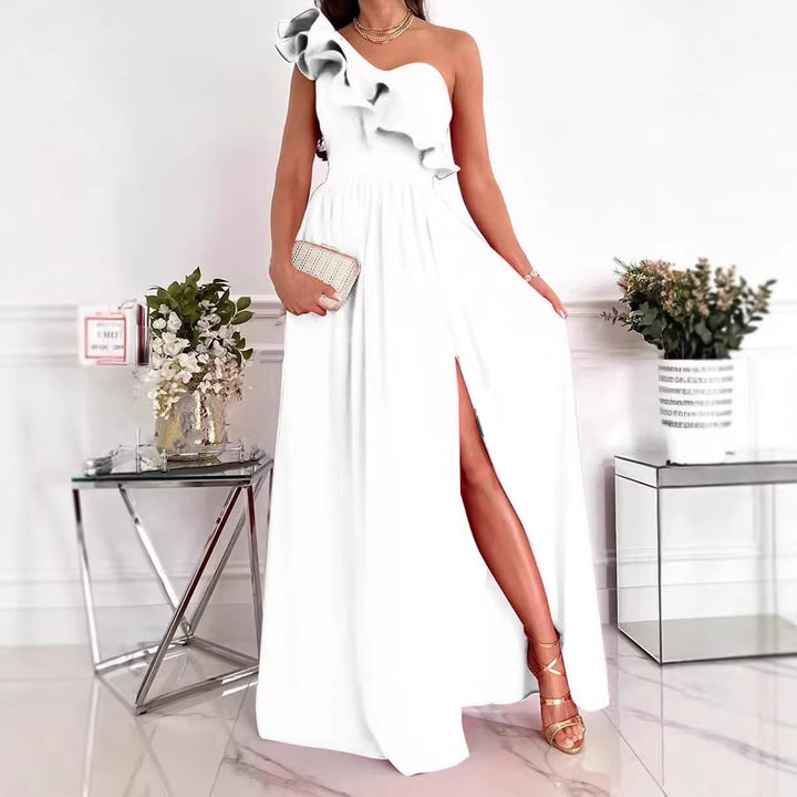Damen Maxikleid mit asymmetrischem Schnitt und voluminösem Rüschendetail Echo Archiv