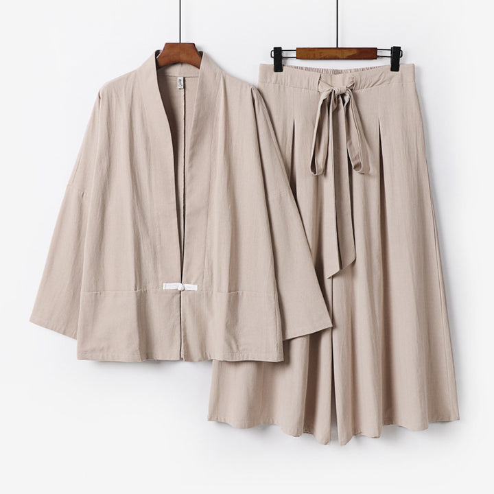 Damen Zen-inspiriertes Kimono-Set aus fließender Viskose mit kurzer Jacke und weiter Culotte-Hose Echoarchiv