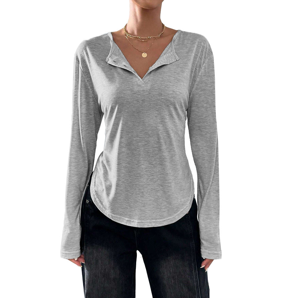 Damen legeres V-Ausschnitt Langarmshirt mit offenem Kragen, weichem Jersey und abgerundetem Saum – Avérine