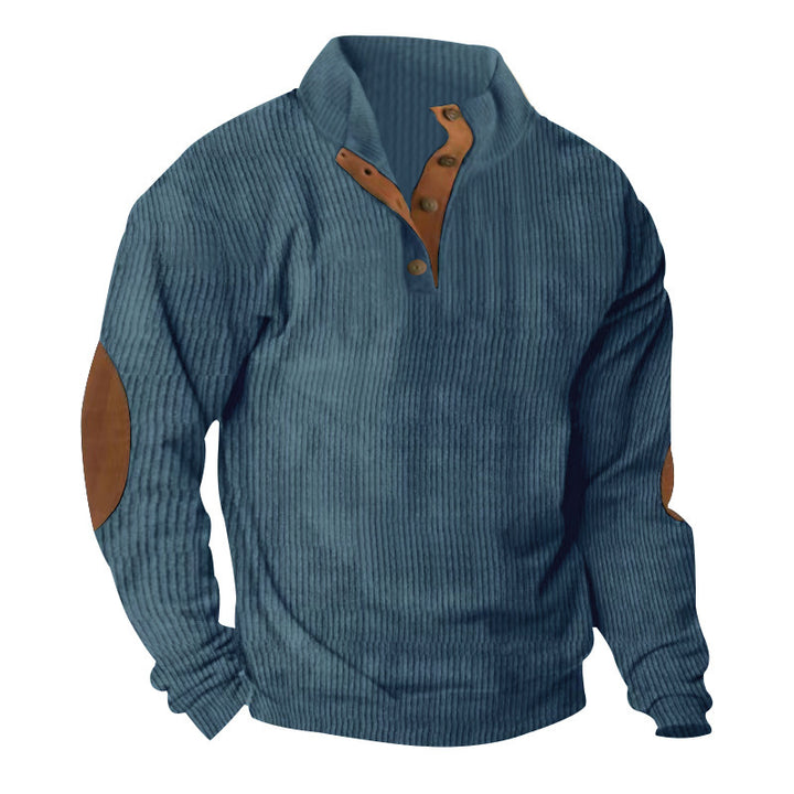 Herren Gerippter Henley-Pullover mit Stehkragen, Knopfleiste & Leder-Ellbogenpatches – Norvane
