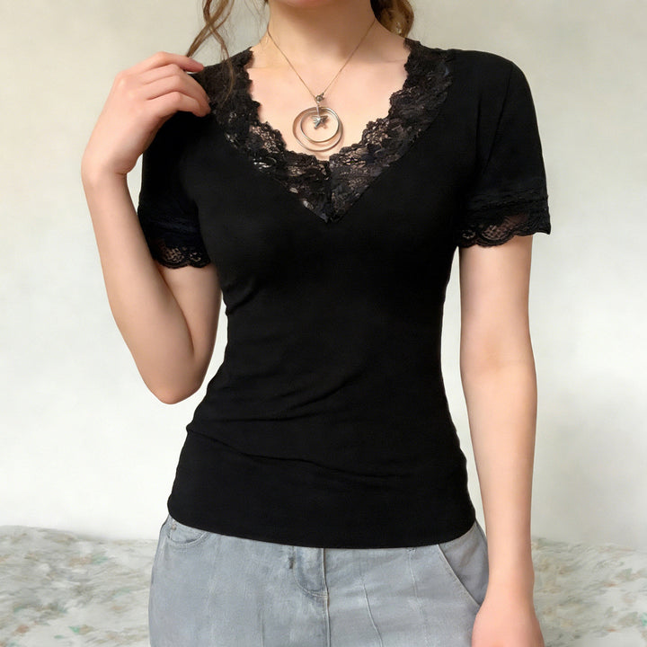 Damen Elegantes Spitzen-T-Shirt mit V-Ausschnitt und Kurzarm Echo Archiv