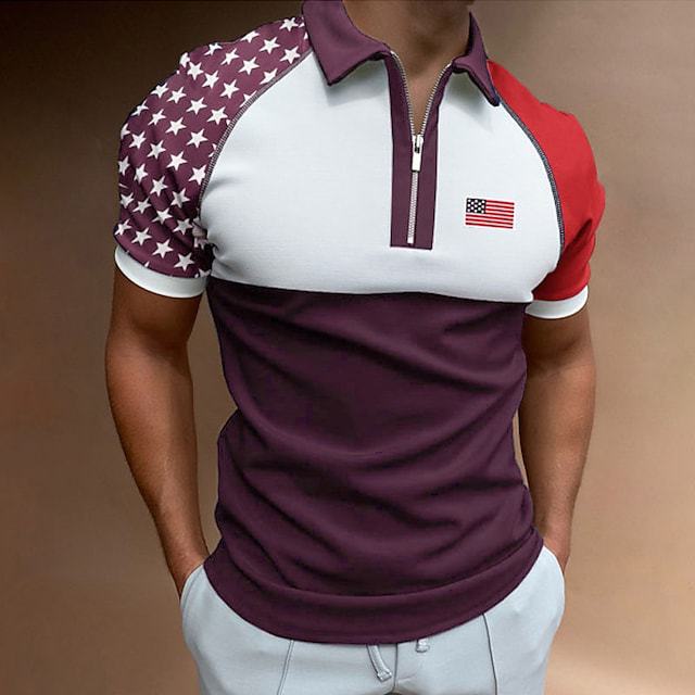 Herren Zip-Up Performance Polo-Shirt mit amerikanischer Flaggen-Applikation Echoarchiv