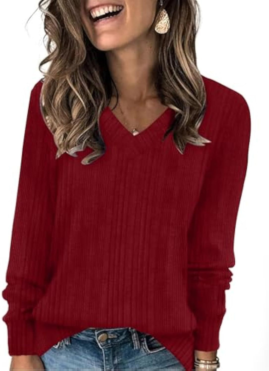 Damen gerippter V‑Ausschnitt Feinstrickpullover mit längerem Arm – Mavelle