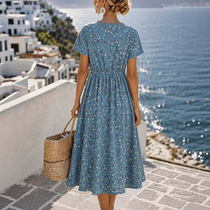Damen Midikleid mit floralem Alloverprint, Tunnelzugtaillenband und Knopfleiste – Élara