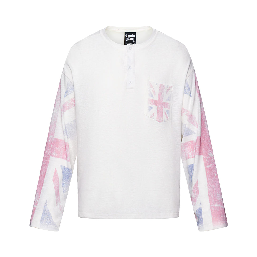 Unisex Langärmeliges Henleyshirt mit Brusttasche und Vintage-Flag-Print Echoarchiv