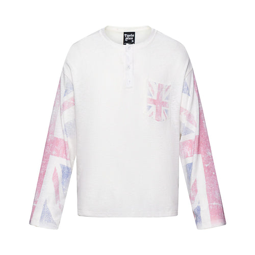 Unisex Langärmeliges Henleyshirt mit Brusttasche und Vintage-Flag-Print Echoarchiv