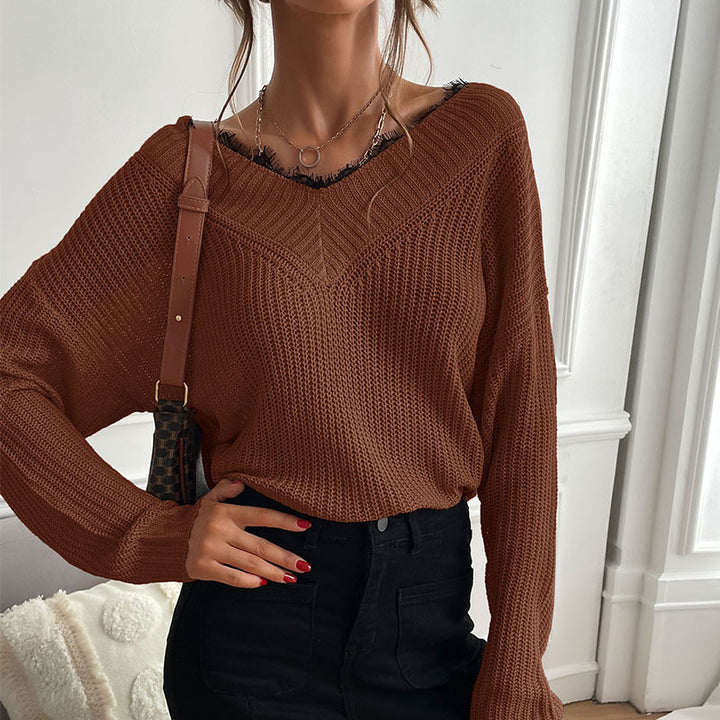 Damen Eleganter Strickpullover mit V-Ausschnitt und großem Muster Echo Archiv