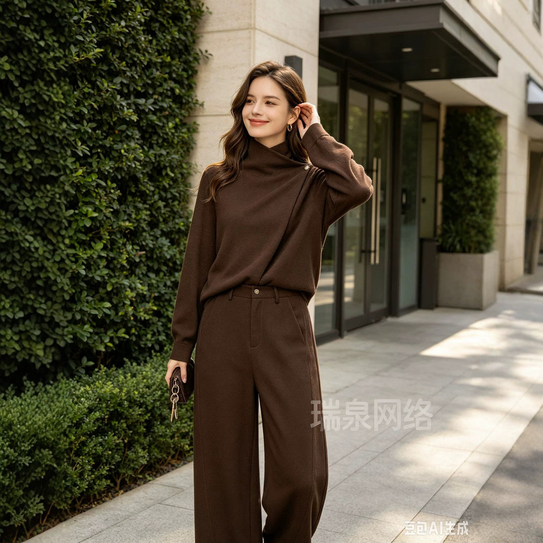 Damen Zweiteiliges Ensemble mit asymmetrischem Rollkragenoberteil und weiter Hochbundhose Echoarchiv