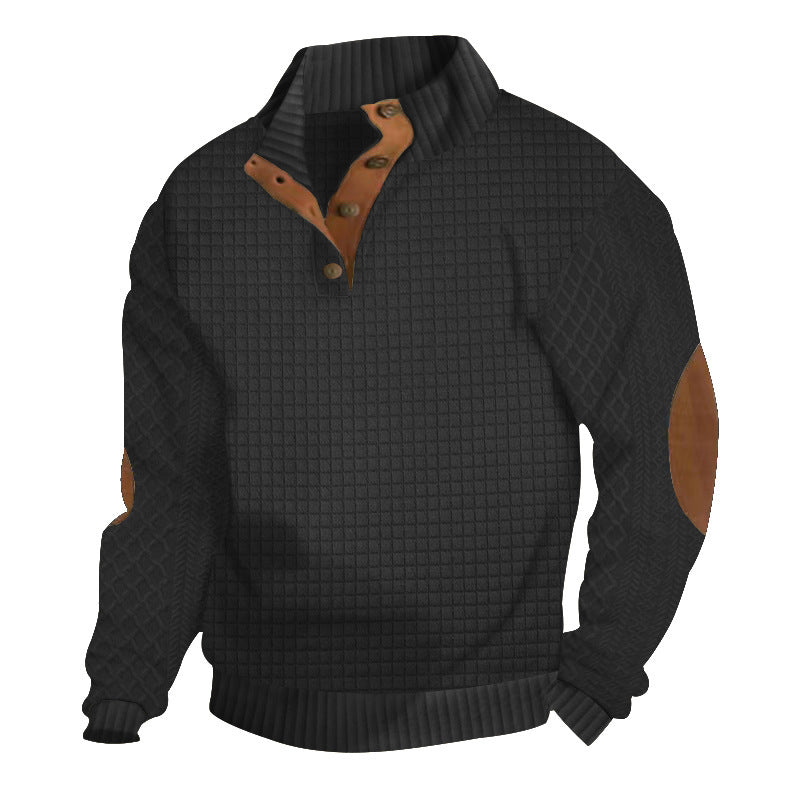 Herren Waffelstrick-Halbzip-Pullover mit Stehkragen Lederbesatz und Ellbogenpatches Echoarchiv