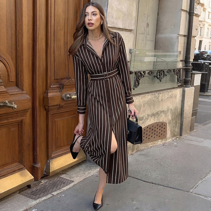 Damen Hemdblusenkleid mit Taillengürtel und vertikalem Nadelstreifen Echoarchiv