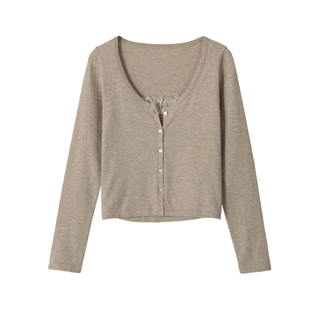 Damen Feiner Cropped-Cardigan mit Spitzen-Einsatz und Knopfleiste Echoarchiv