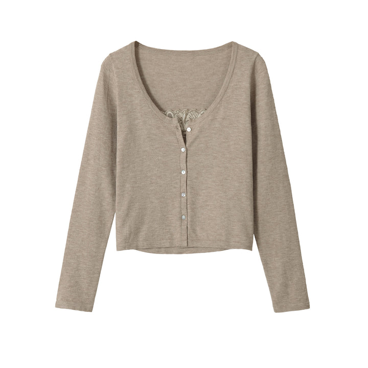 Damen Feiner Cropped-Cardigan mit Spitzen-Einsatz und Knopfleiste Echoarchiv