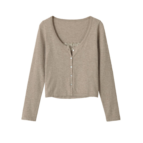 Damen Feiner Cropped-Cardigan mit Spitzen-Einsatz und Knopfleiste Echoarchiv