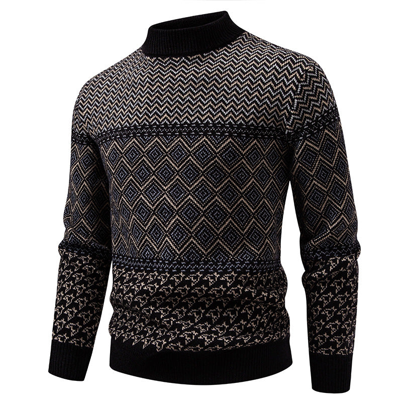 Herren Feinstrick-Mockneck-Pullover mit geometrischem Jacquard und gerippten Abschlüssen Echo Archiv