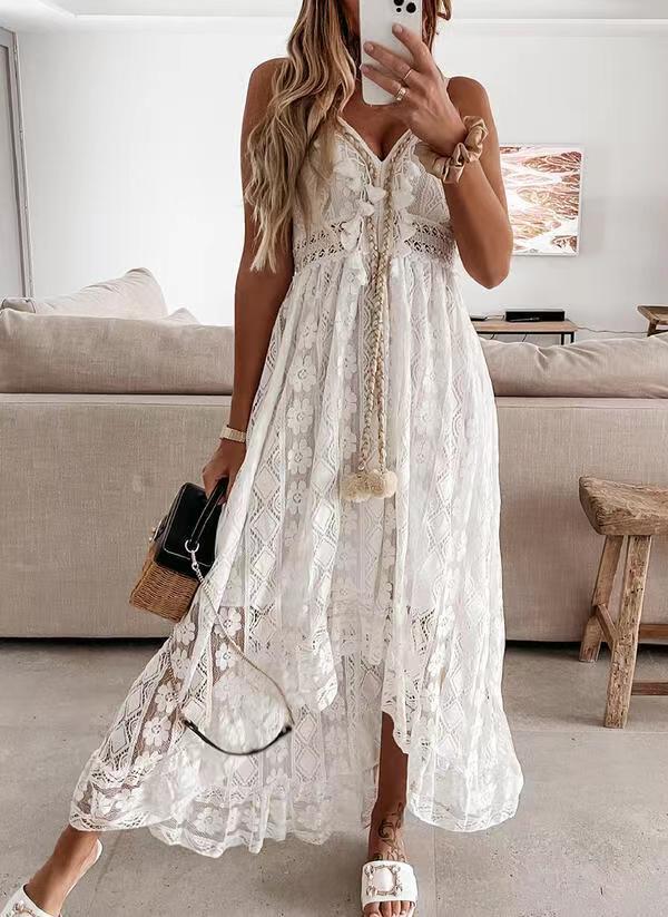 Damen Spitzen Maxi-Kleid mit zarten Häkel- und Rüschendetails Echo Archiv