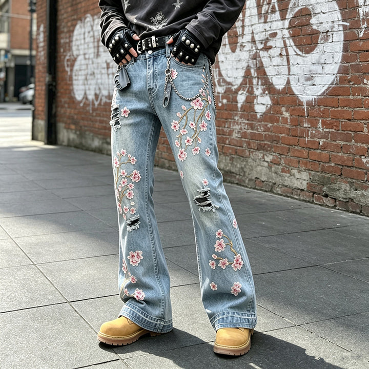 Damen Modische Flared Jeans mit Blumenstickerei Echoarchiv