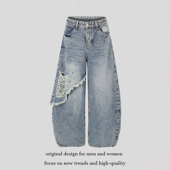 Damen High‑Waist weite Palazzo-Jeans mit asymmetrischem Fransen-Detail und Strassapplikation Echoarchiv