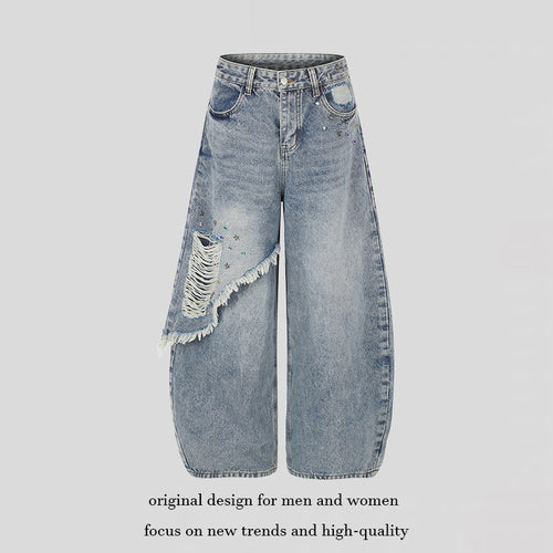 Damen High‑Waist weite Palazzo-Jeans mit asymmetrischem Fransen-Detail und Strassapplikation Echoarchiv