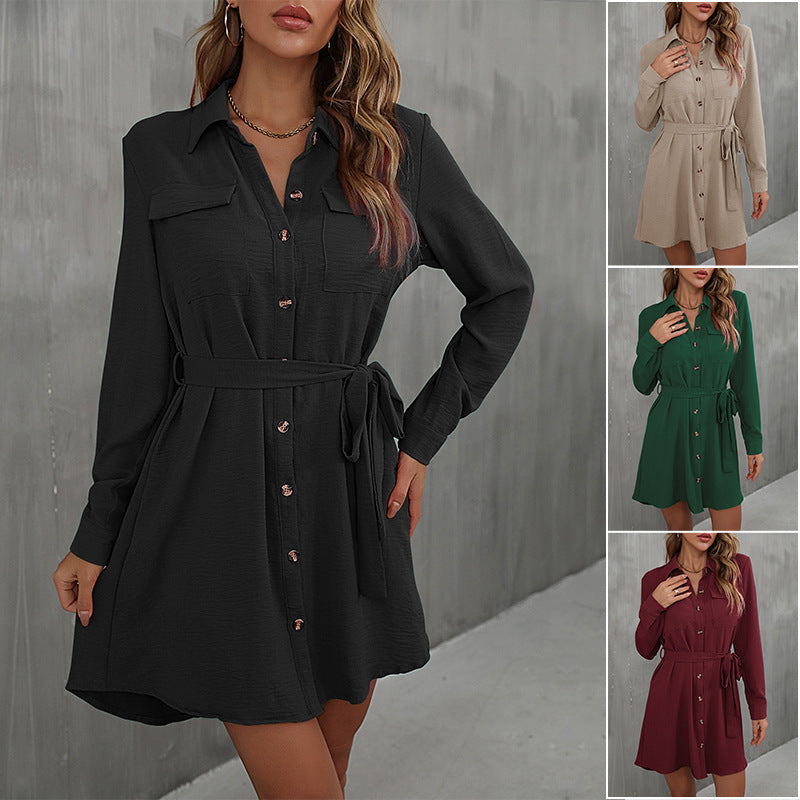 Damen Lockeres Hemdblusen-Minikleid mit Taillengürtel und aufgesetzten Brusttaschen Echoarchiv