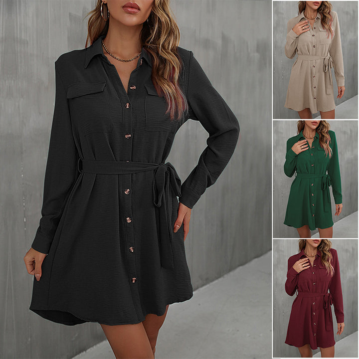 Damen Lockeres Hemdblusen-Minikleid mit Taillengürtel und aufgesetzten Brusttaschen Echoarchiv