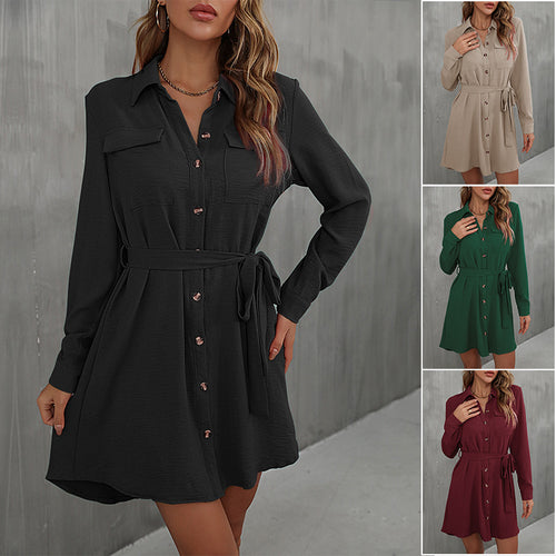 Damen Lockeres Hemdblusen-Minikleid mit Taillengürtel und aufgesetzten Brusttaschen Echoarchiv