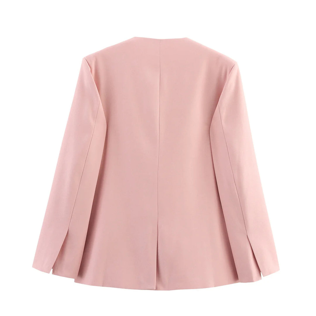 Damen knopflose Longblazerjacke mit tiefem V-Ausschnitt taillierten Abnähern und Pattentaschen – Célinea