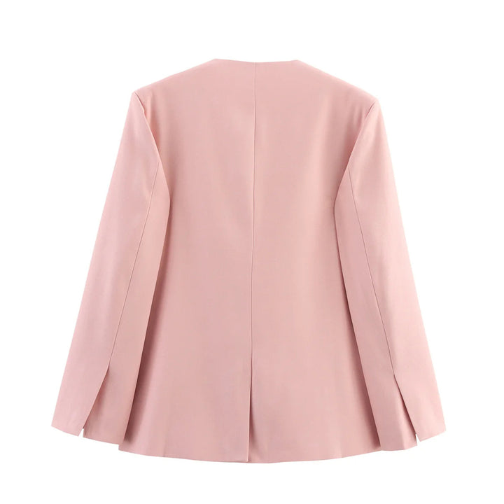 Damen knopflose Longblazerjacke mit tiefem V-Ausschnitt taillierten Abnähern und Pattentaschen – Célinea