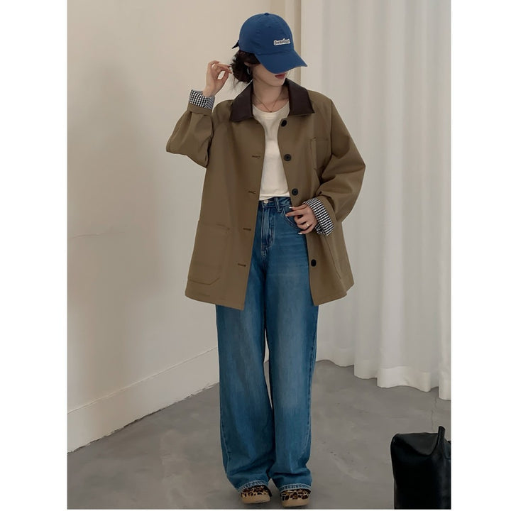 Damen Oversize Kurzjacke im Trenchstil mit Lederoptik-Kragen und karierten Umschlagmanschetten Echoarchiv