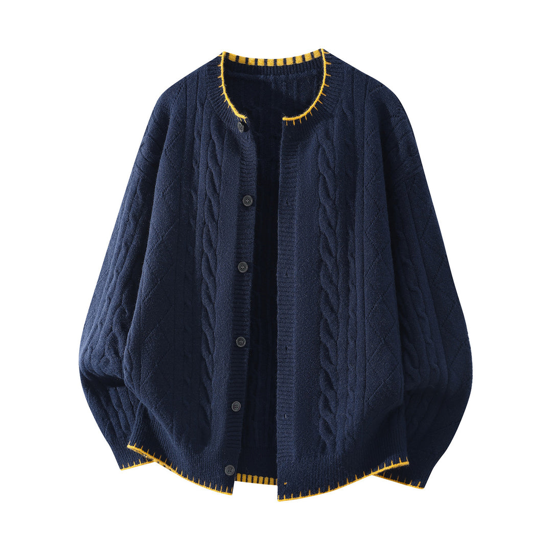Damen Oversize Zopfmuster-Cardigan mit Rundhalsausschnitt, Ballonärmeln & Kontrastnaht Echoarchiv
