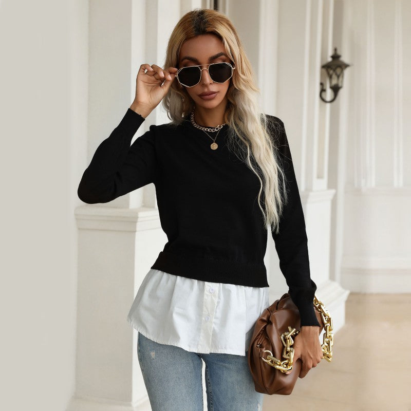 Damen Strickpullover mit eingearbeitetem Blusenbesatz und Doppel-Layer-Optik Echoarchiv