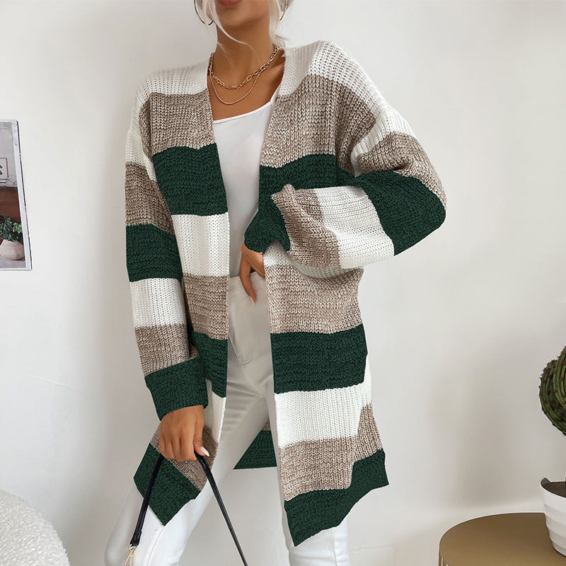 Damen Langer Oversize-Strickcardigan mit Blockstreifen und offener Front – Veloura