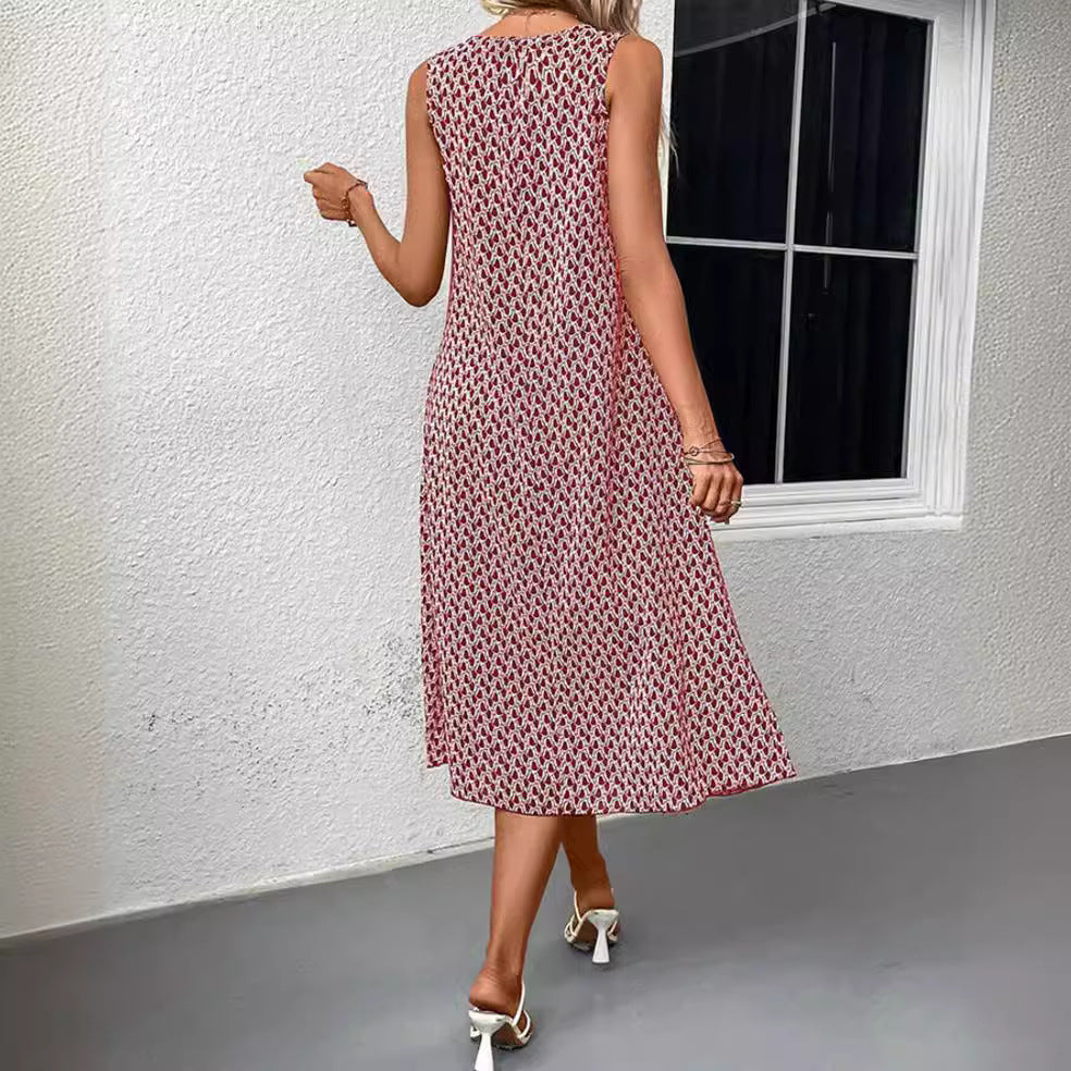 Damen nan ärmelloses A-Linien-Midikleid mit Rundhalsausschnitt, seitlichem Beinschlitz und feinem Geometrie-Print Echo Archiv