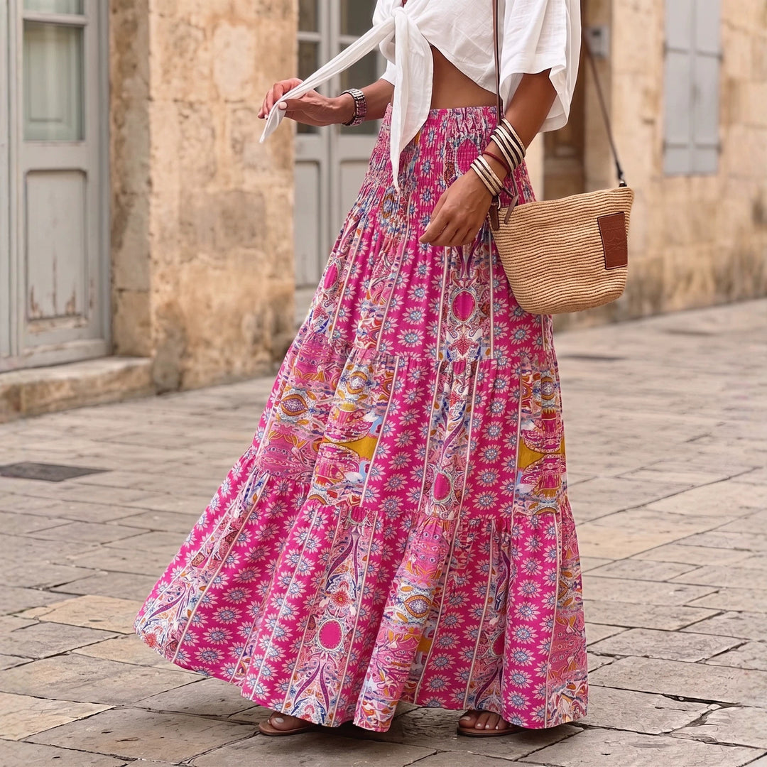 Damen nan gestufter Maxirock mit floralem Print, elastischem Smockbund und Volantkanten Echo Archiv