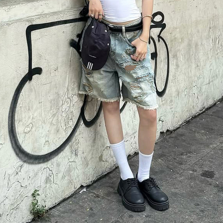 Damen Destroyed Denim-Shorts mit hohem Bund und ausgefransten Säumen Echo Archiv
