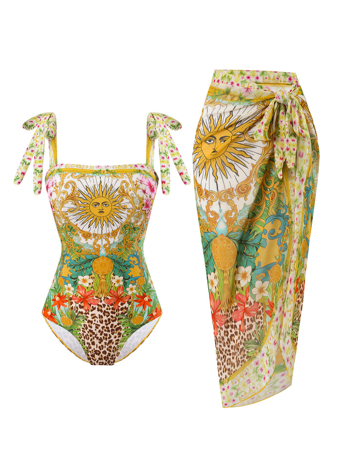 Damen Badeanzug mit floralem Design und transparentem Wickelrock Echo Archiv
