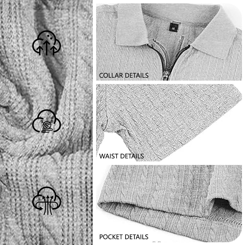 Herren Kurzarm-Strickpoloshirt mit Reißverschluss und Zopfstrickstruktur – Cavello